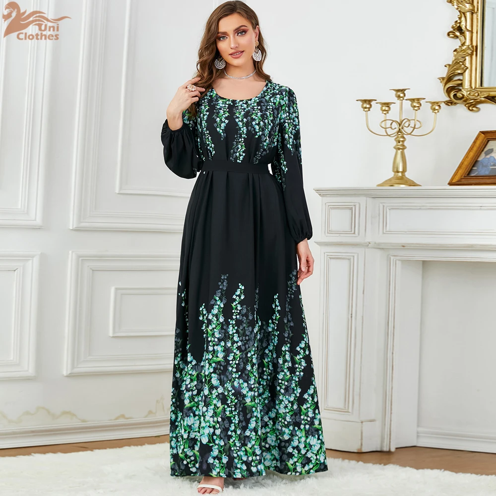 Uni Floral Print Muslim Dresses With Long Sleeves Crew-Neck Dubai Islam Turkey Arab Elegant Luxury Evening Clothing 2024