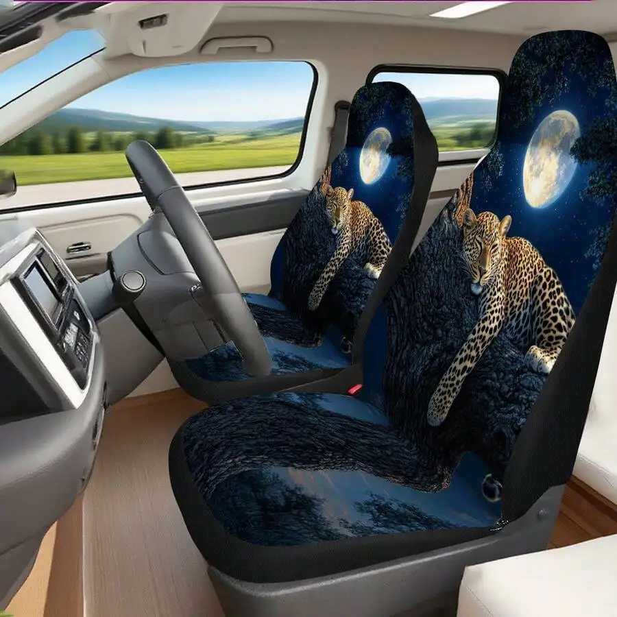 Universal Car Seat Cover With Sleeping Leopard Under Moonlight Print Soft Elastic Material All Season Use