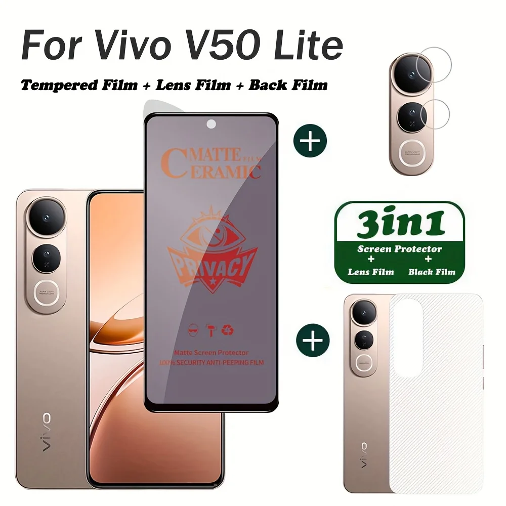 

3-in-1 For Vivo V50 Lite Privacy Tempered Glass Soft Film: Screen Protector + Lens Film + Back Cover Film