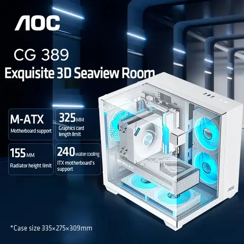 AOC CG389 게임용 MATX 데스크탑 PC 케이스 컴퓨터 섀시 Seaview 룸 케이스 곡선 유리 지원 5 팬 위치 240 수냉