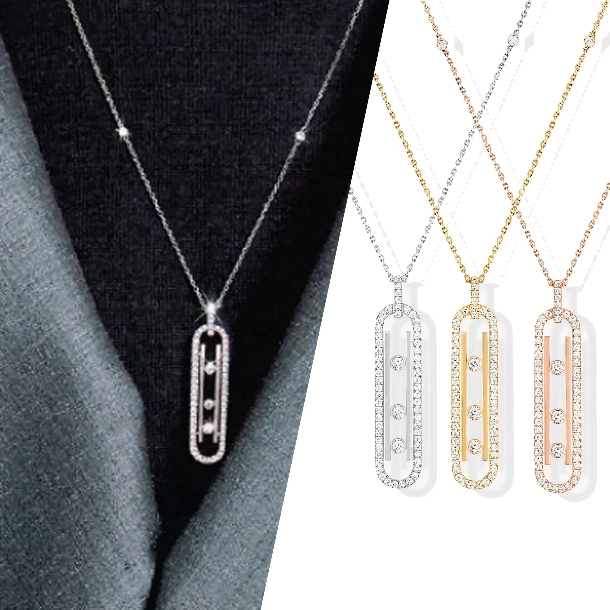 

925sterling silver Brillant Vertical 3 Move Diamond Pendentif Collier Messica Femmes Bijoux De Luxe Marque Vintage Style Party