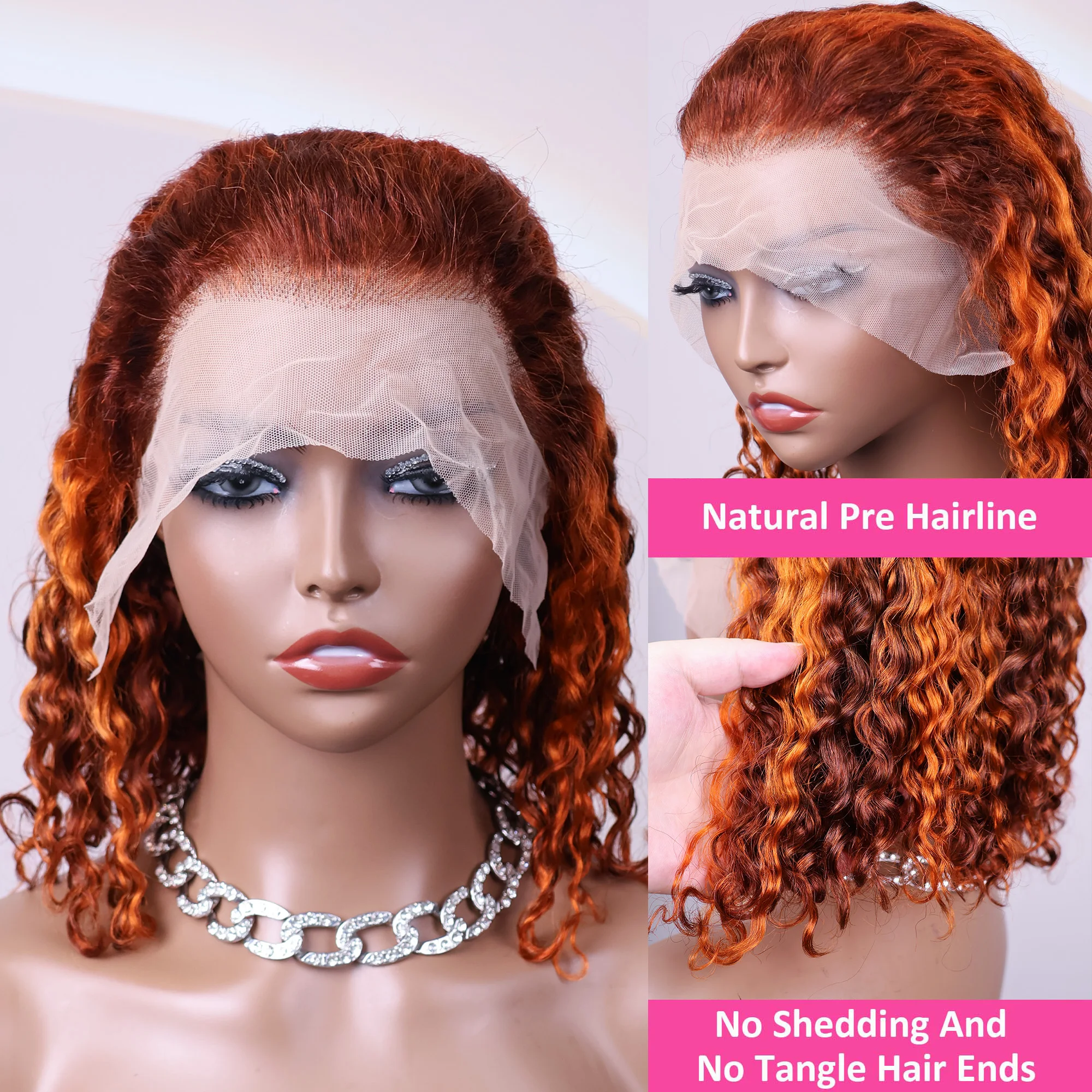 Perruque Bob Lace Front Wig naturelle, cheveux humains, couleur gingembre, Orange, marron, P4/350, reflets 13x4, Deep Wave, densité 200, pour femmes