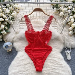 Women Hotsweet Hollow Out Vintage Lace Spliced Mesh Bodysuits Chic Sleeveless Jumpsuits Slim Top Rompers Summer Beach Clothing