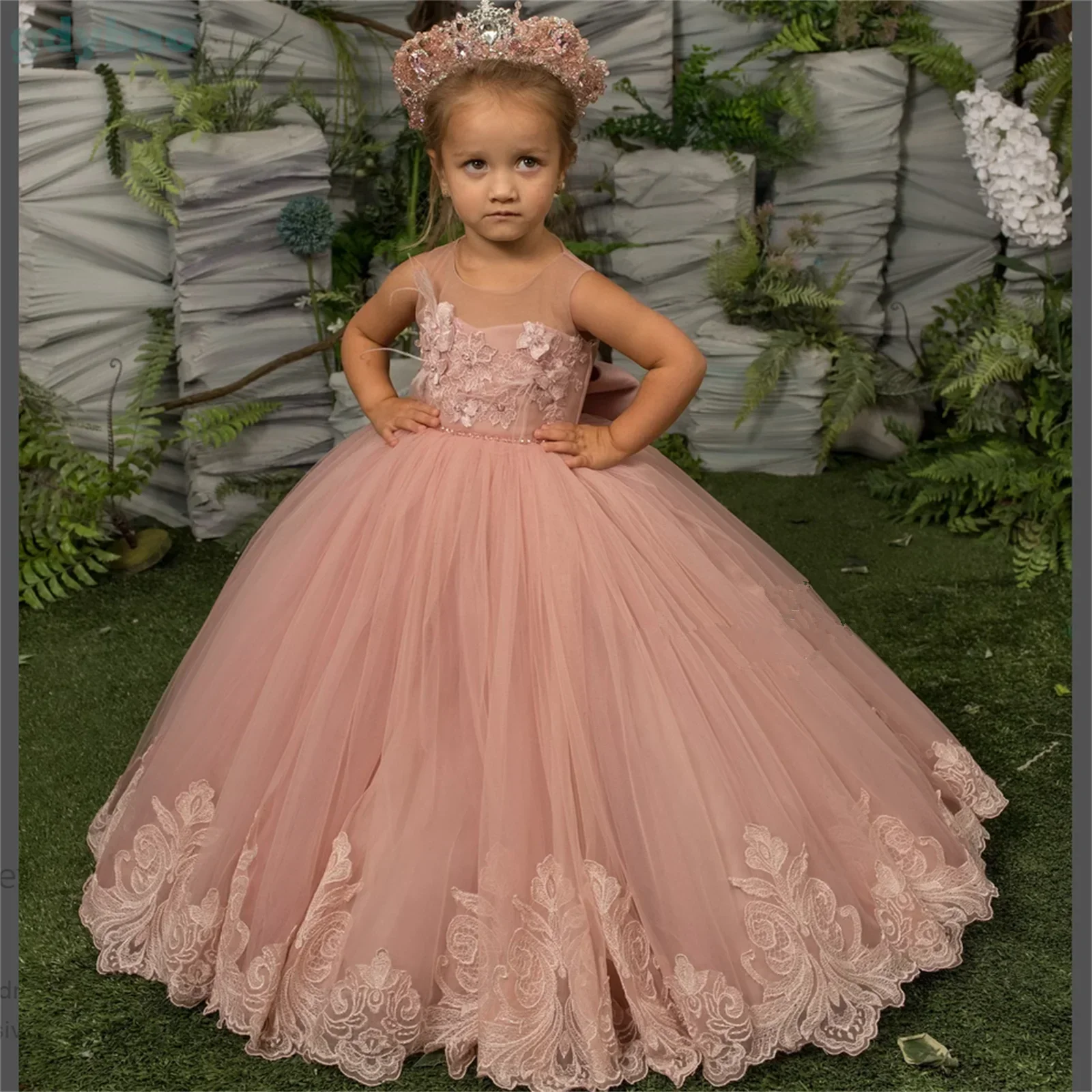 

Tulle Layered Flower Girl Dresses for Weddings Toddlers Pink Lace Princess Pageant Dress Kids Satin Bow First Communion Gowns