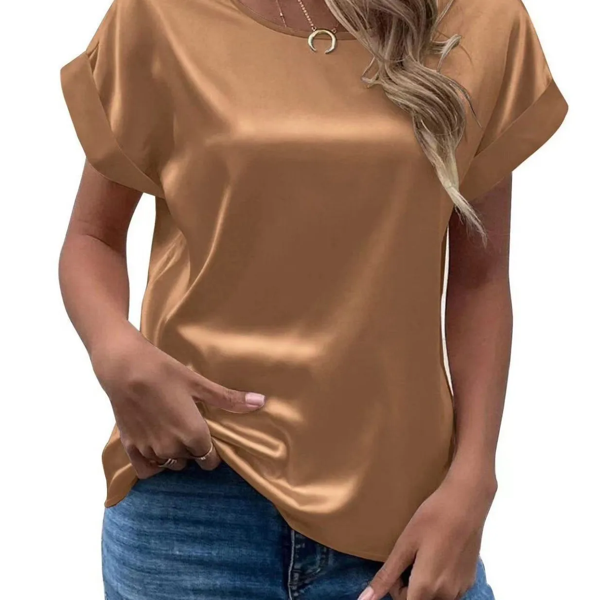 Women's And Women Summer Loose Fit Round Neck Short Sleeve Pullover Satin Solid Color Elegant Blouse Blusas Para Mujer Womens 2
