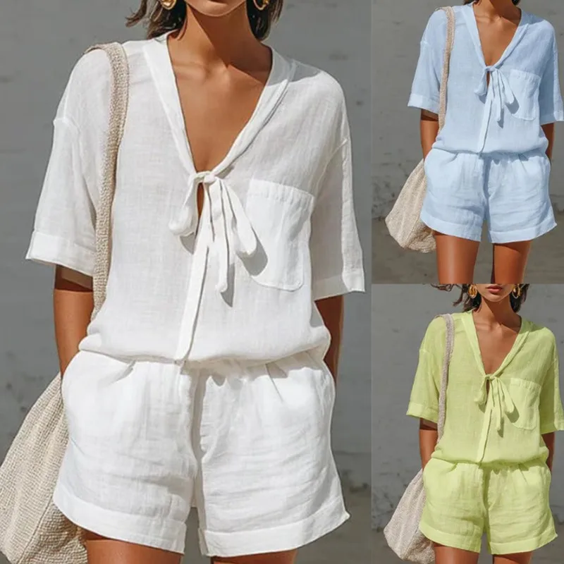 

2026 Summer New Two-piece Set Women's Solid Casual Cardigan Lace-up Short-sleeved Shirt Loose Shorts Suit For Women Clothing