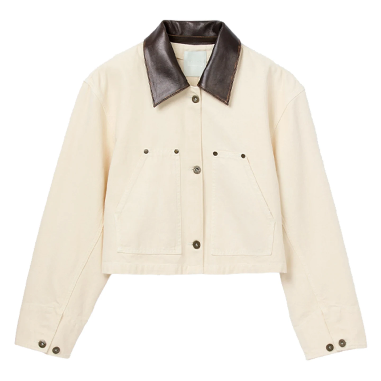 S Home Early Autumn Nieuwe dames retro leren kraag witte denim jas rechte snit lange mouw knoopdetail katoenmix