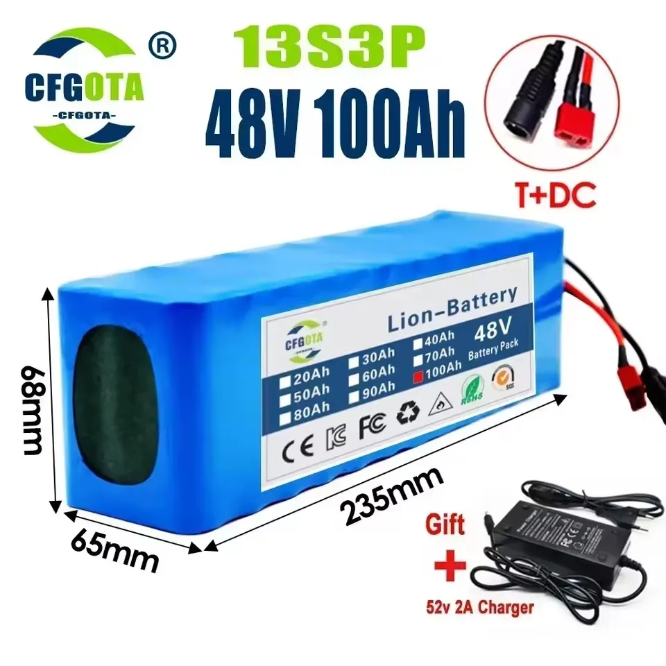 New 48V 100Ah 500W 750W 1000W 2000W 13S3P DC/T Lithium Ion Battery Pack Suitable for 48V motors with BMS+54.6V Charger