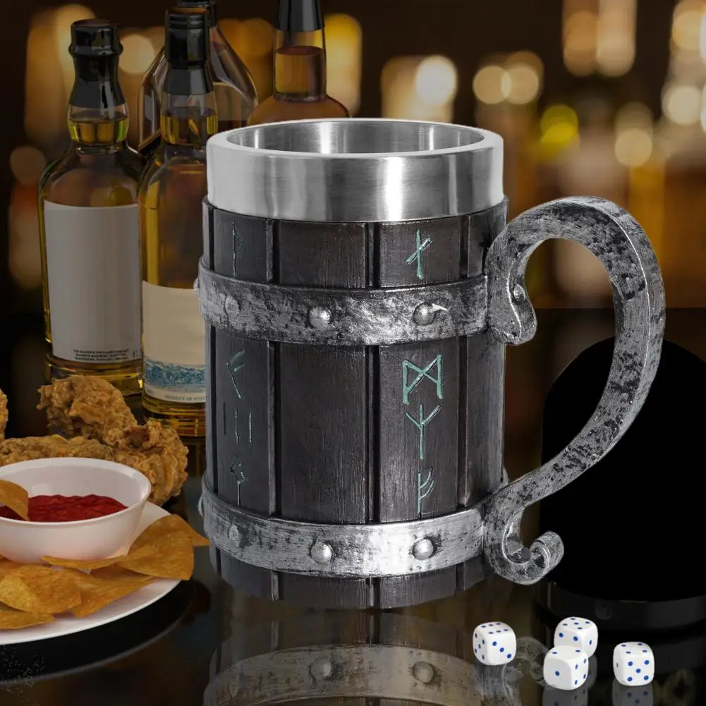 550ml Viking Vintage Barrel Beer Mug Stein with Stainless Steel Coffee Cup Tea Mug Camping Hiking Water Mug Pub Bar Party Cup