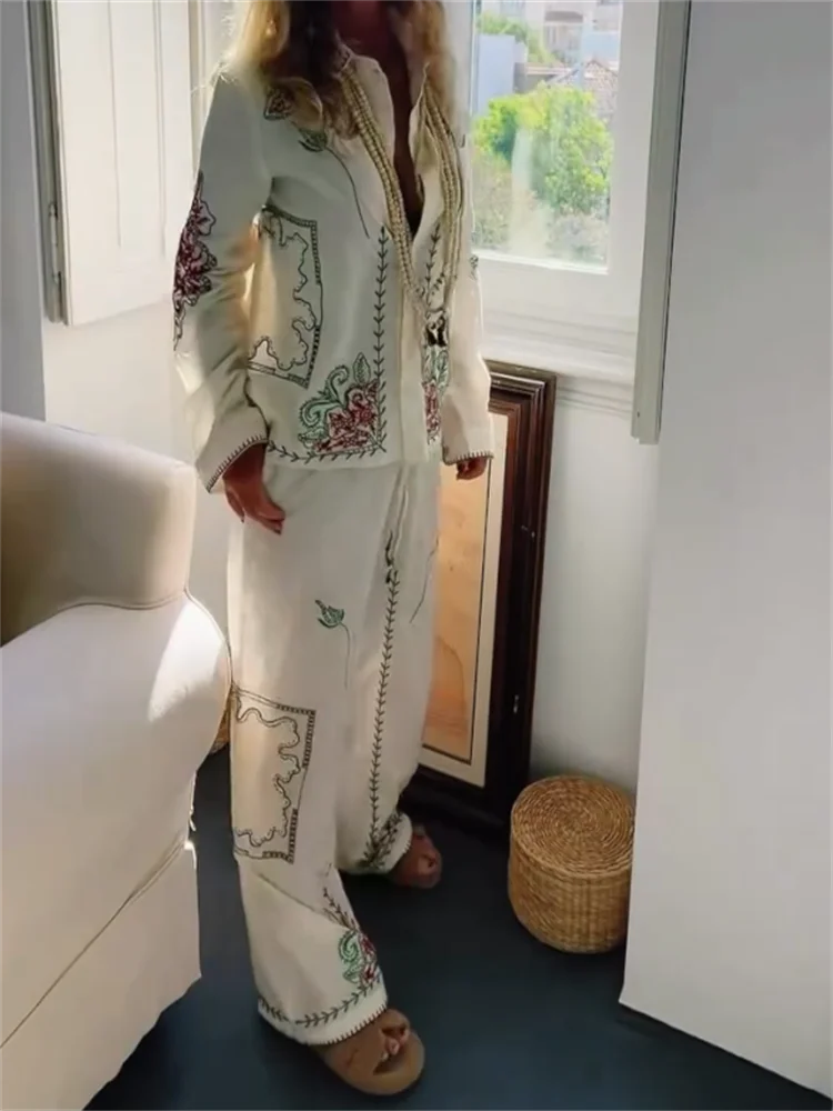 

Printed Embroidery Cotton Lined Women's Pants Suit Laple Full Sleeve Shirts Wide Leg Pants Female 2 Piece Summer Lady Outfits
