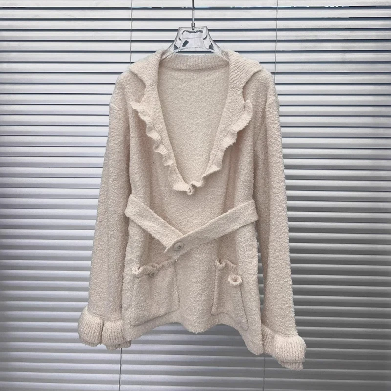 [ZOCI] New Fragrant Style Deep V-neck Lotus Leaf Lace Waist Strap Hooded Knitted Sweater