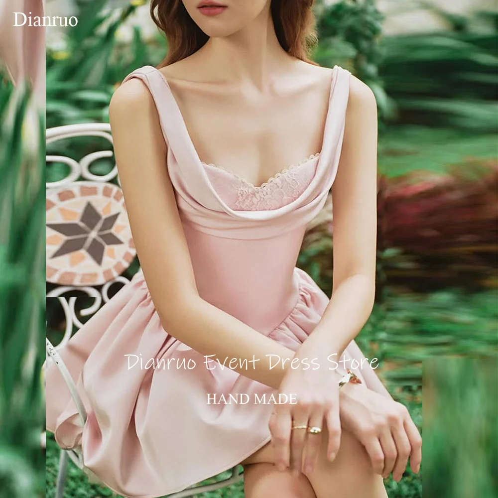 

Dianruo Sleeveless Satin Prom Dress Above Knee A Line High Quality Birthday Dress Appliques Pleat Formal Evening Gown Customized