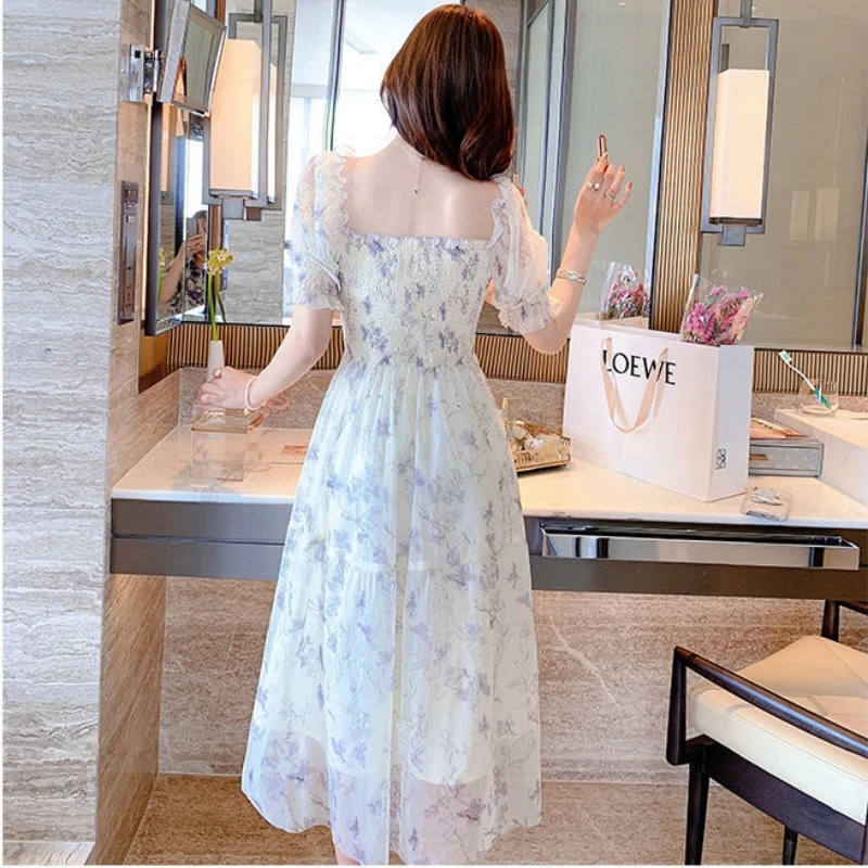 Korean Elegant Fashion Chiffon Dress Summer French Vintage Floral Dress Square Collar Puff Short Sleeve Ink Painting Dress 20827