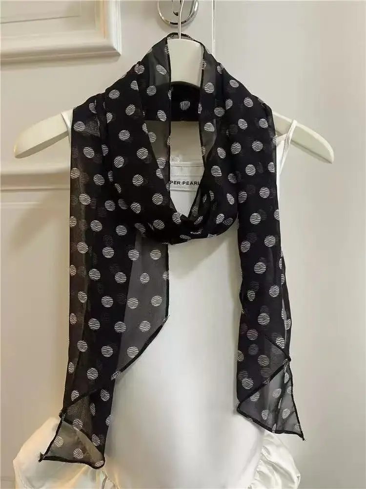 2025 headband accessory series brown scarf printed with polka dot silk scarf fashion Korean version long strip decoration new st image 5