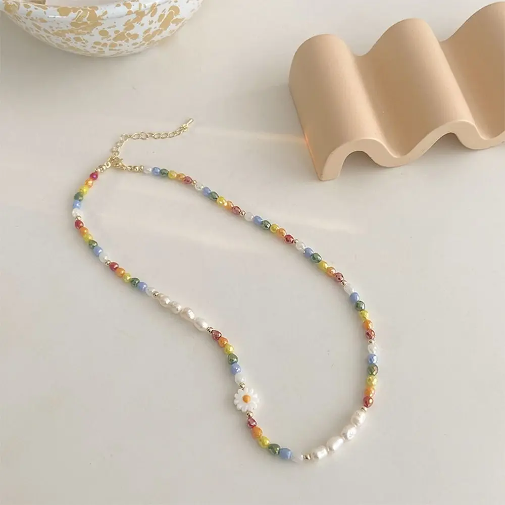 Korean Style Rice Bead Necklace Bead Charms Daisy Bracelet Jewelry Accessories Minority Design Flower Pearls Clavicle Chain