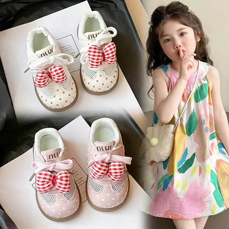 2026 Spring Summer Kids Casual Shoes Girls Plaid Pattern Big Bow Mesh Hollow Sneakers Princess Shoes