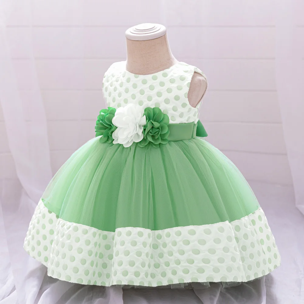 Toddler Green Flower Kids Party Dresses for Baby Girls 1st Birthday Wedding Princess Bow Banquet Girl Dress Evening Prom Costume