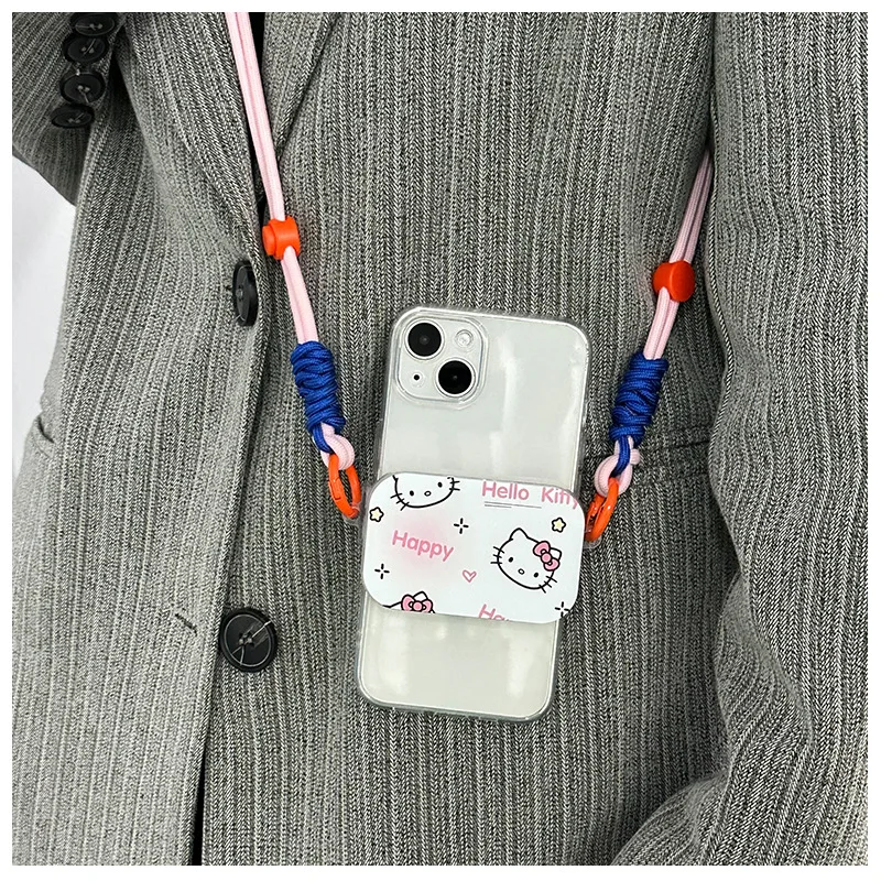 Kawaii Sanrio Hello Kitty Flip Mirror Phone Back Clip Makeup Mirror Crossbody Rope Anti Loss Portable Phone Clip Gift For Girls