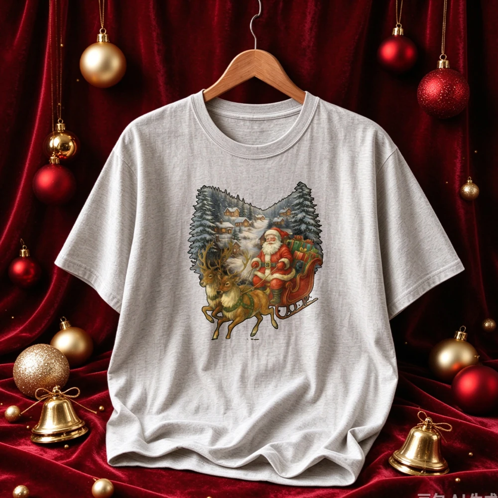 Vintage Santa Claus Reindeer Sleigh Winter Snowy Forest Scene Graphic T Shirt Retro Old Fashioned Christmas Casual Cotton Tees