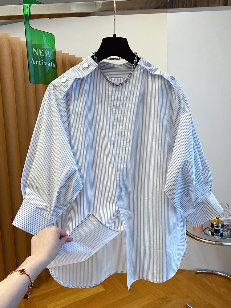 

Loose Fit Women's Blue Striped irt Summer Casual round Ne Seven Sve Lengths Large Size Comfortable Versatile Top