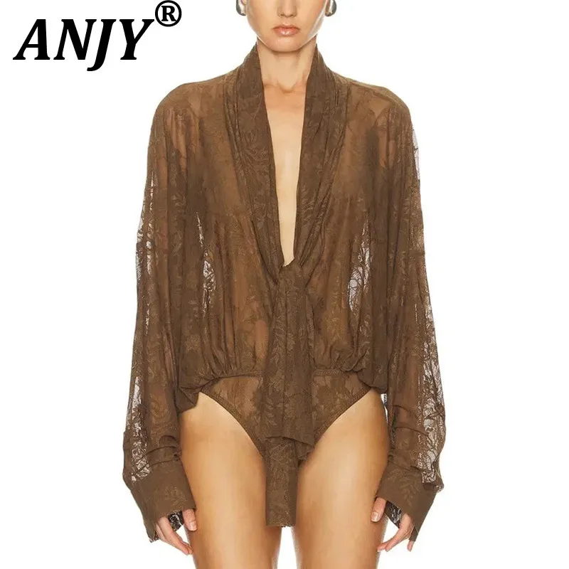 

ANJY Spring Summer New Women Fashion Sexy Lace Sheer Design Jumpsuit Stylish Versatile Lace-Up Niche Solid Color Playsuit A21362