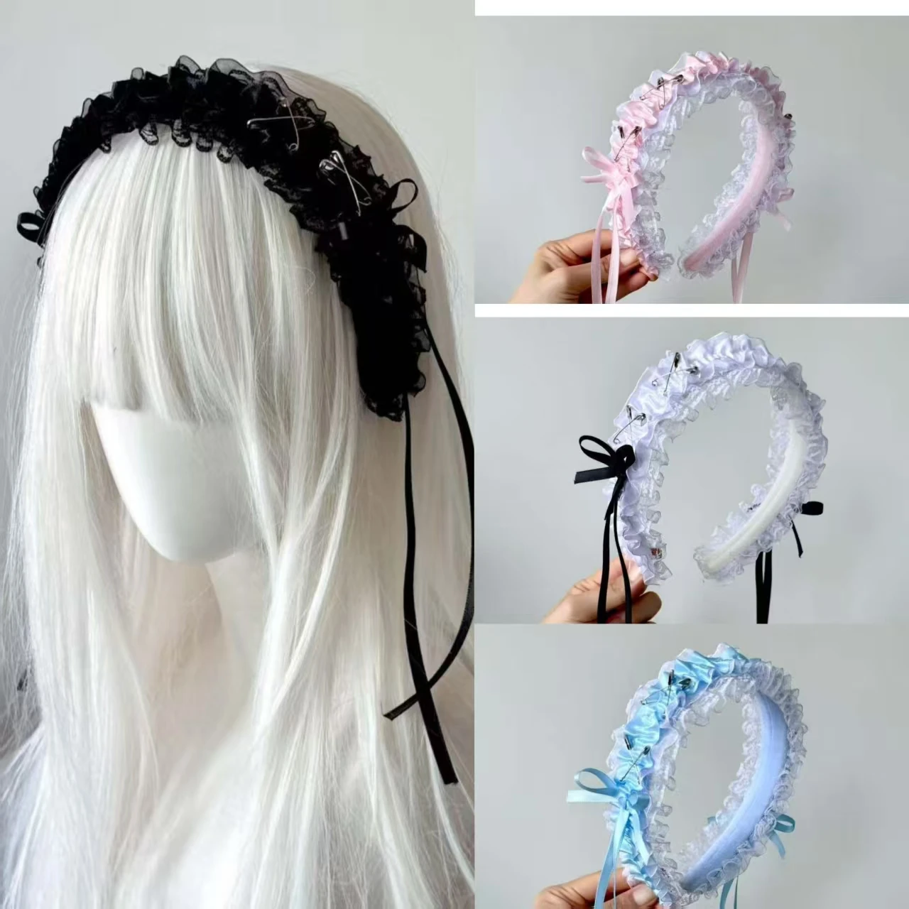리본, 레이스 및 버클이 있는 소녀용 로리타 머리띠, 여성용 빈티지 스타일 헤어 밴드 후프, 할로윈 파티 헤어 액세서리