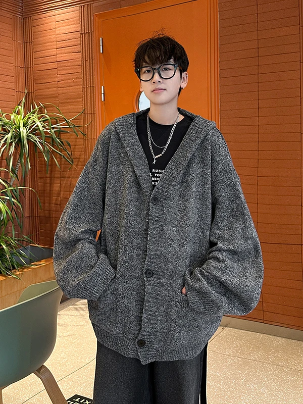 

Men's Casual Knitted Sweater Coat V-Ne Long Sve Loose Fit Fall Winter Warm Hooded American Retro Sle Faion Top