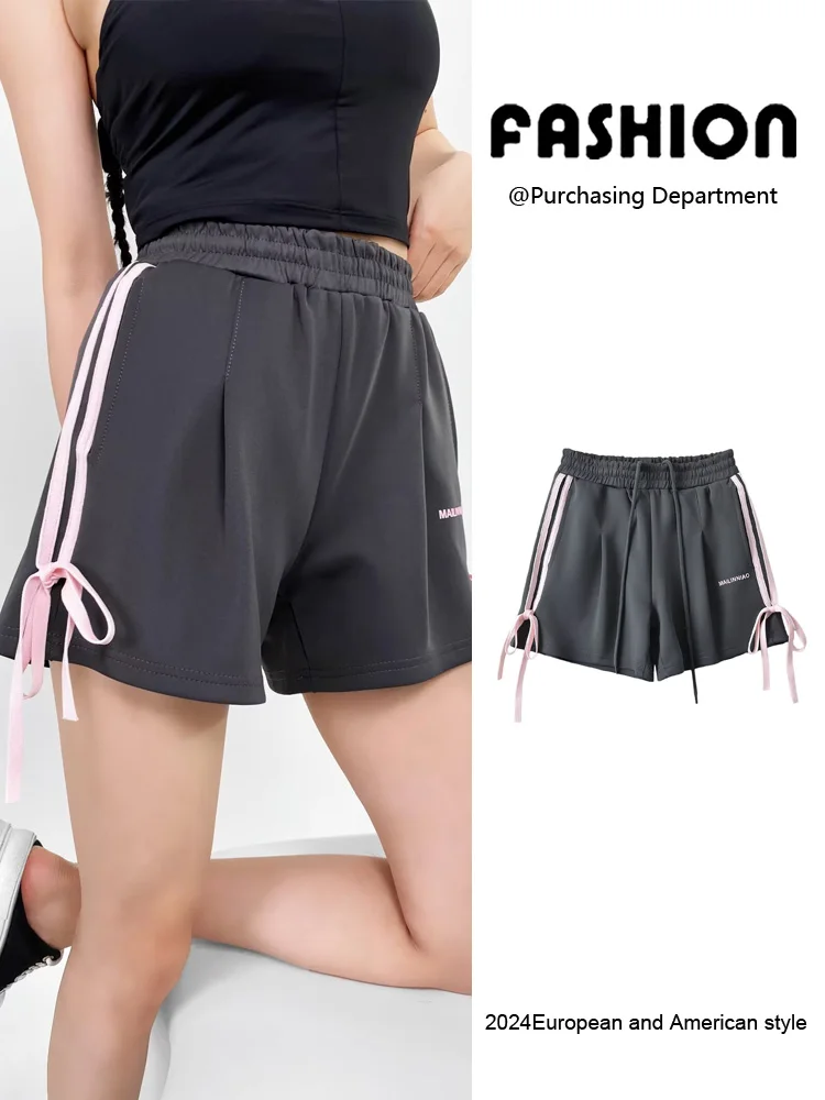 

Summer New Arrival Women's High Waist Elastic Waist Side Double Stripe Bow Knot orts Street Sle Casual Pants for Young Women