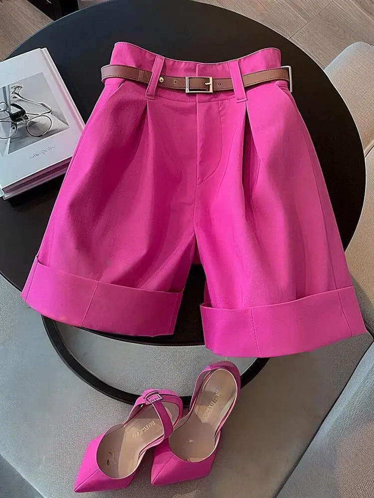

Casual High Waist Slimming Suit Shorts Women's Summer 2026 New Style Dopaamine Wide Leg Trendy Hot Pants PU Fabric