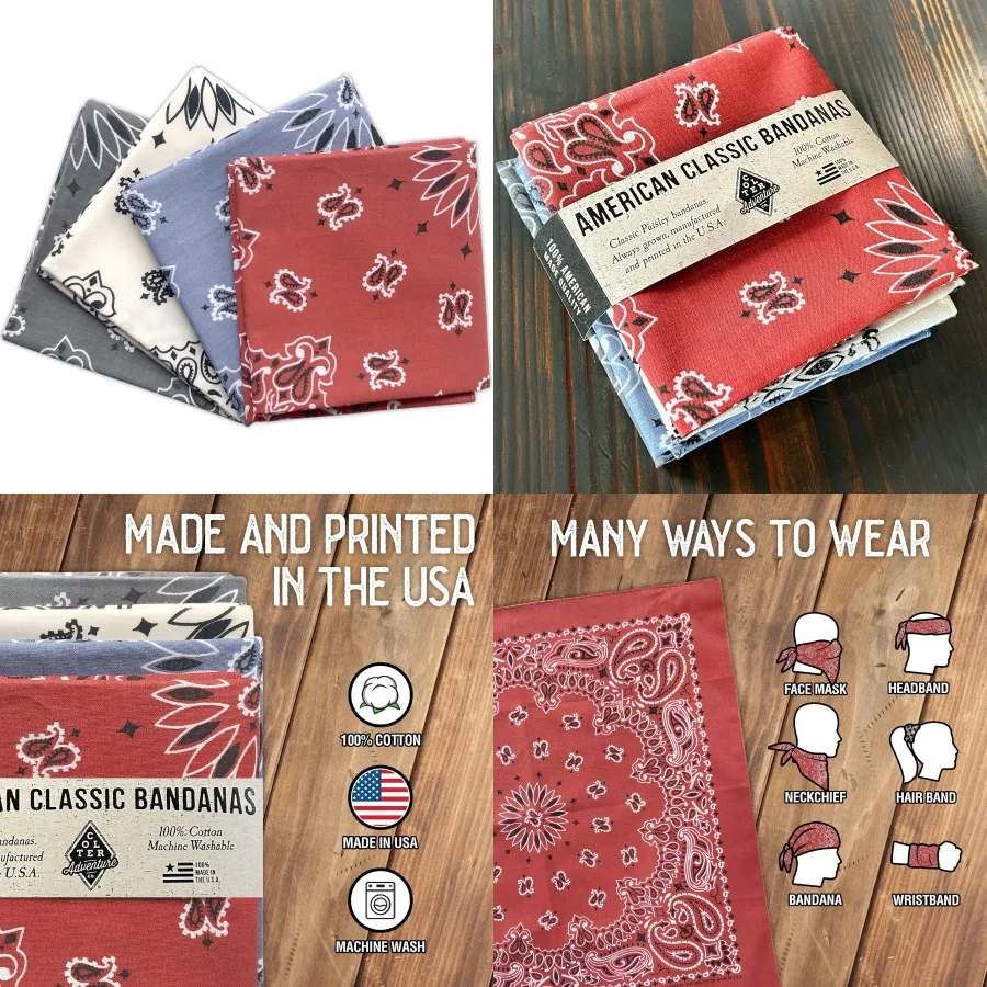 4 عبوات من عصابات بيزلي باندانا مصنوعة من الولايات المتحدة الأمريكية بنمط كلاسيكي متعددة الأغراض للرجال والنساء 100 قطن مثالية للمغامرة الخارجية