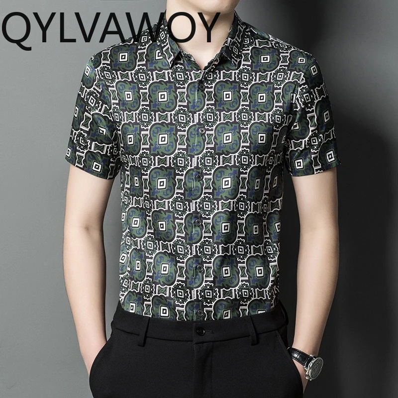 QYLVAWOY Printed Men's Shirts 90.8% Mulberry Silk Shirts for Man Thin Summer Tops Short Sleeve Shirt Clothes Business Casual