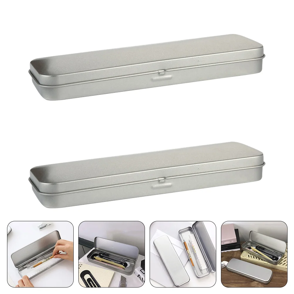 2 Pcs Tin Tinplate Stationery Box Pencil Multi-function Organizer Through Silver
