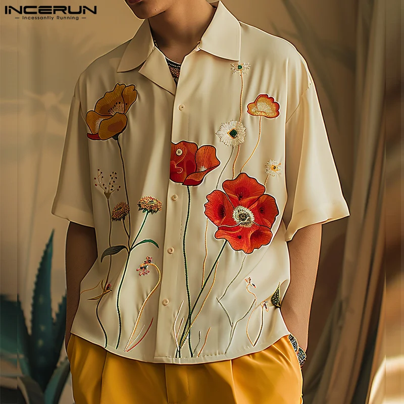 INCERUN Men Shirt Flower Printing Summer Lapel Short Sleeve Casual Men Clothing Streetwear 2024 Loose Fashion Male Shirts S-5XL