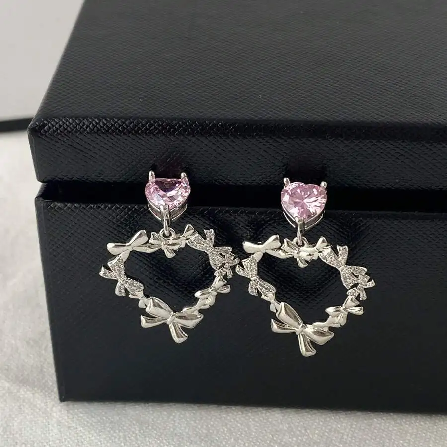 

Pink Heart Crystal Stud Earrings With Bow Motif Drop Design For Women