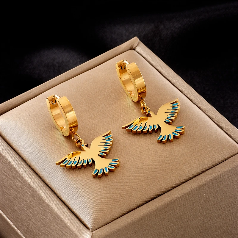 316L Stainless Steel New Fashion Fine Jewelry Circle Spray Paint Angel Wings Sea Bird Raptor Eagle Stud Earrings For Women