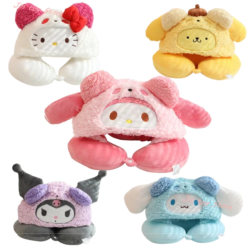 

New Kawaii Sanrio Hooded U-Shaped Pillow Hello Kitty Kuromi Cinnamoroll My Melody Pochacco Pom Pom Purin Office Nap Neck Pillow