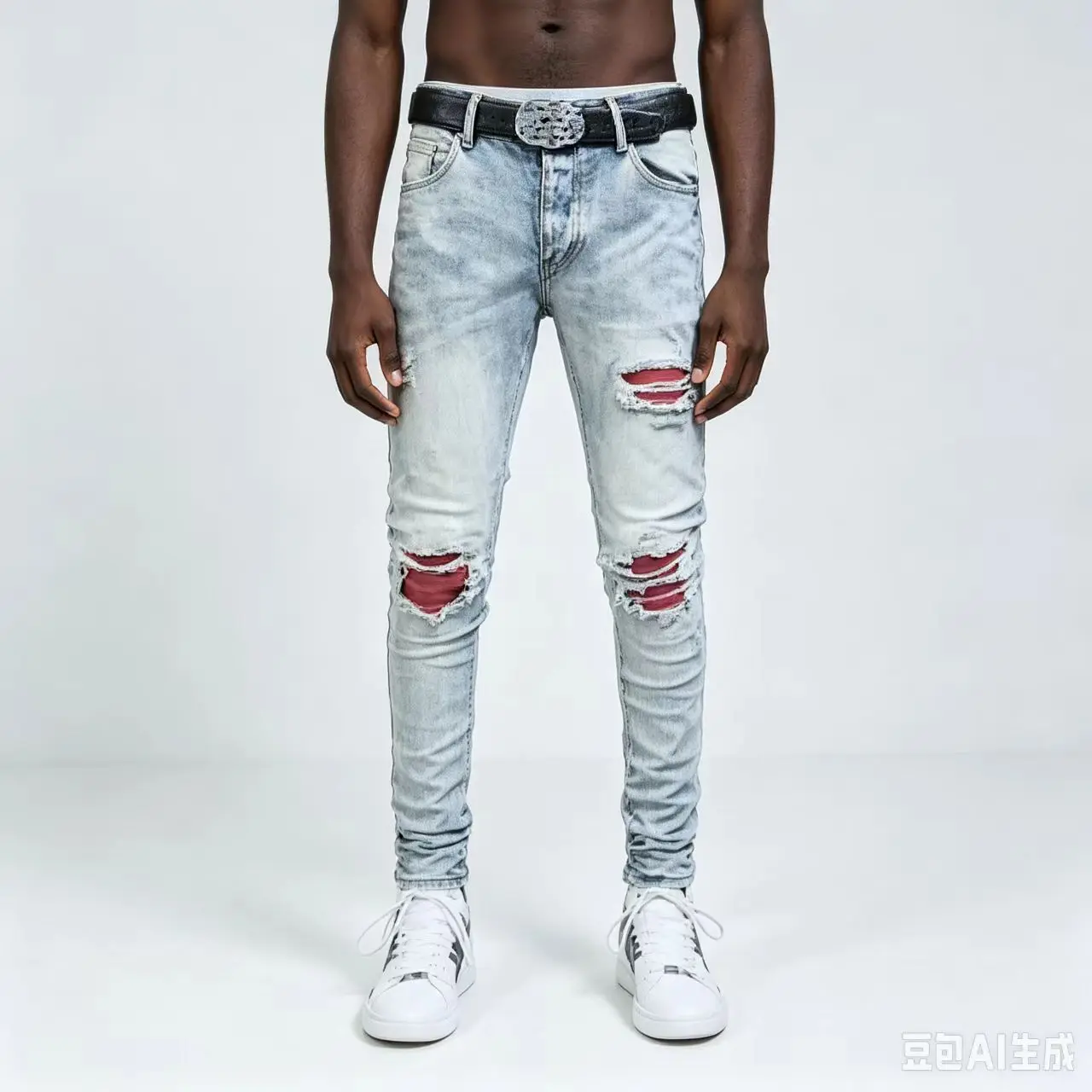 Men's Y2K High Street Fashion Light Blue Jeans Washed Nostalgic Perforated Red Patch Hip Hop Brand Casual Pants for Hombre