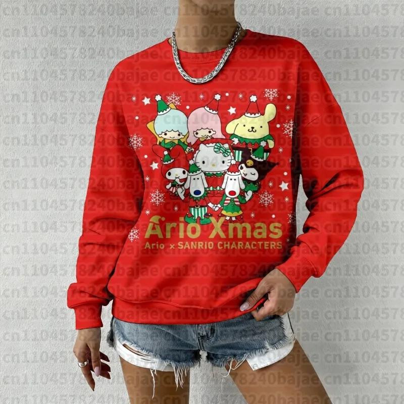 2025-26 الخريف/الشتاء شخصيات سانريو الوئام القبيح البلوزات المطبوعة المرأة عيد الميلاد موضة المتضخم البلوفرات غير رسمية