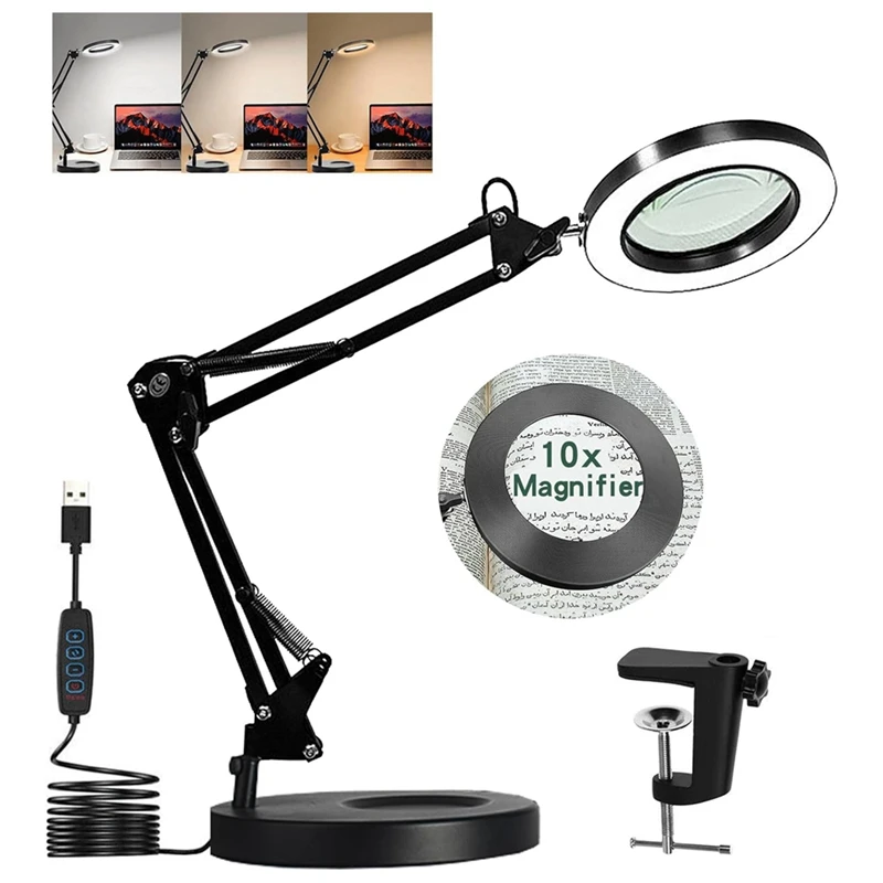 Magnifying Glass With Light And Stand, 10X Magnifying Lamp, 2-In-1 Magnifying Desk Lamp With Clamp, Desk Hutch