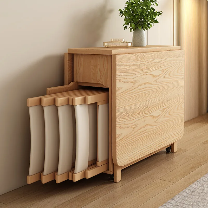 Small household modern multi-functional solid wood dining table retractable folding extendable design convenient storage