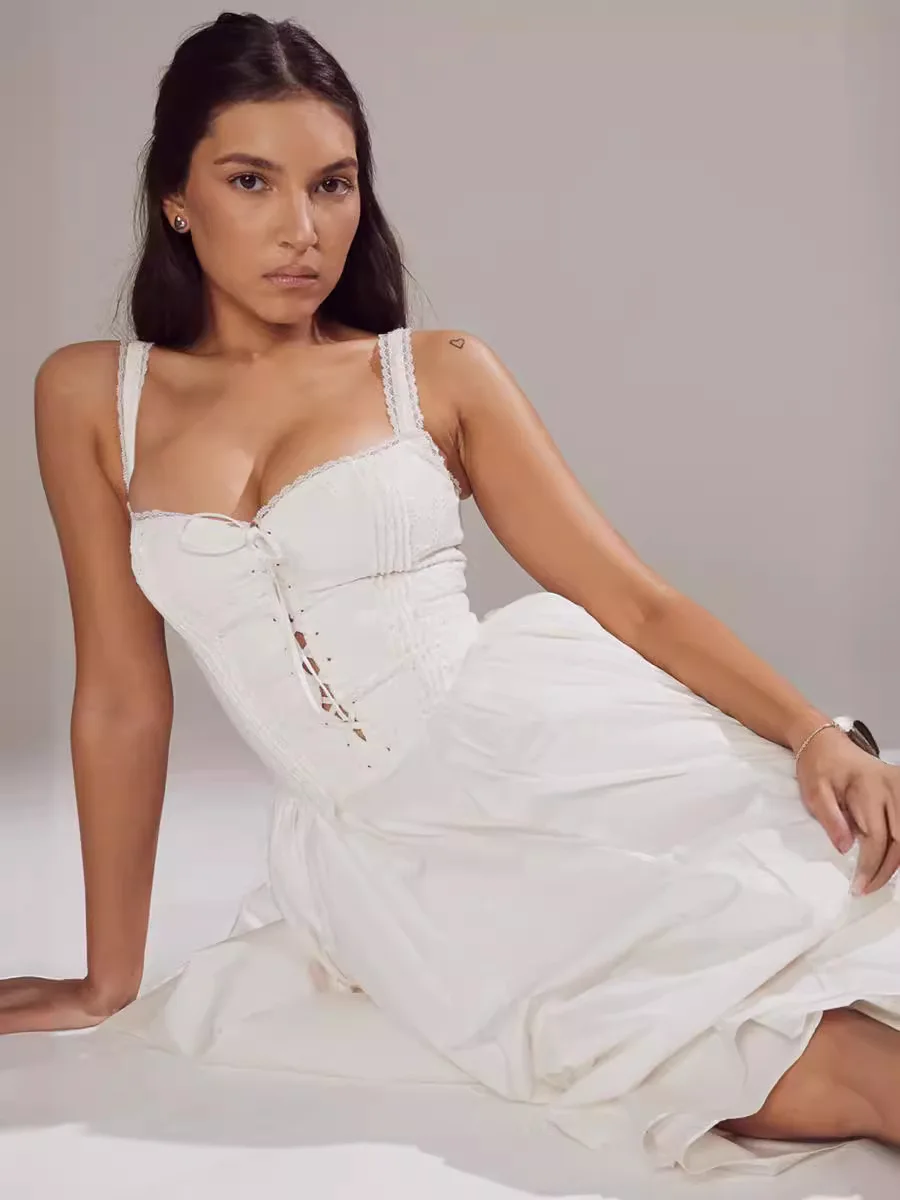 European and American women's summer new white lace camisole splicing slim midi dress French dress