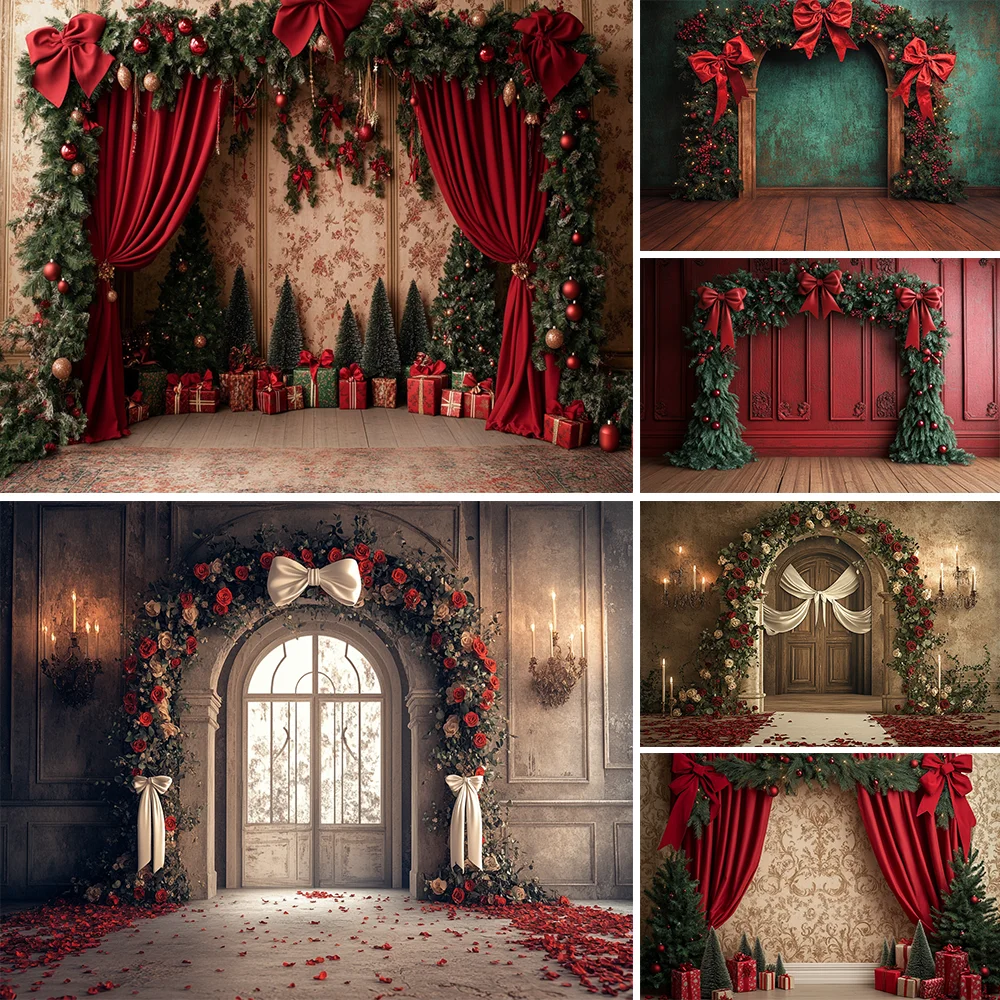 

Beautiful Christmas Arch With Red Ribbons Green Wall Photography Backdrop Kids Baby Adult Festival Studio Backgrounds