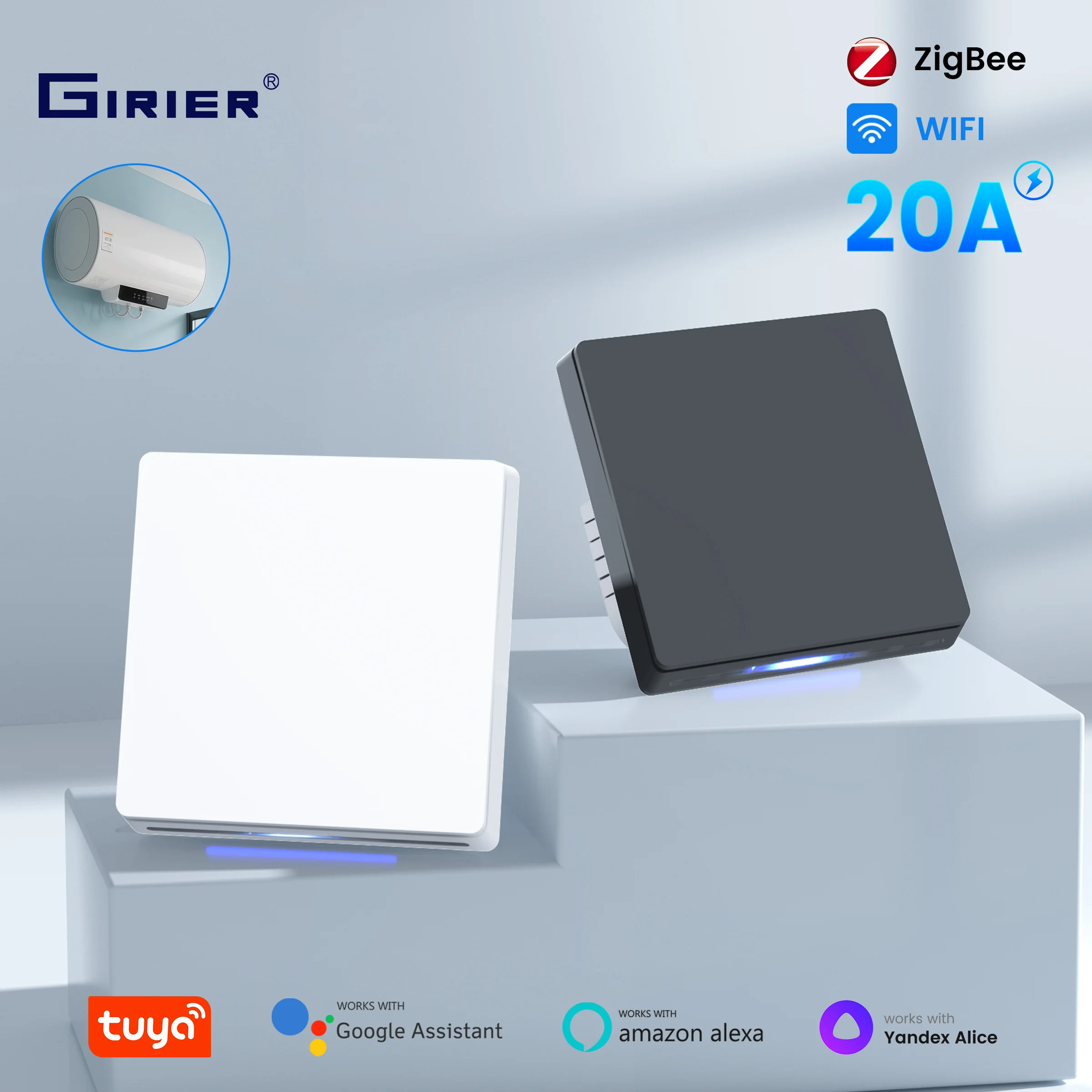 

GIRIER Tuya ZigBee Переключатель водонагревателя 20A EU WiFi Умная кнопка Настенный переключатель для переменного тока Нейтральный провод Потрібен работает Alexa Hey Google