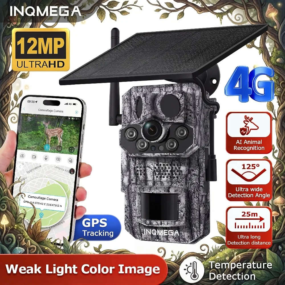 

INQMEGA 4G SIM Card Solar Wildlife Camera 3 PIR Motion Activated Trigger Night Vision Trail Trap Hunting Camera 2K GPS IP66