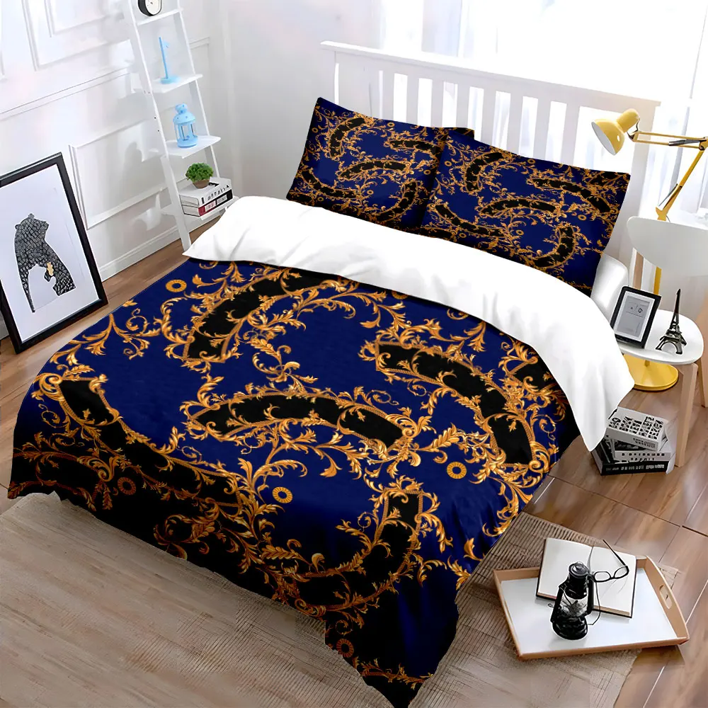 Golden floral black-blue background Print Soft Comfortable Duvet Cover Bedding Set Included 1*Duvet Cover 2*Pillowcases