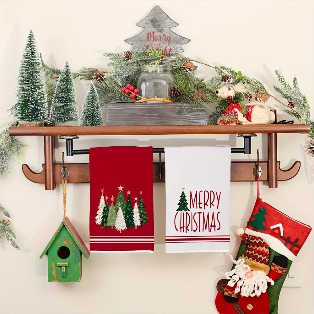 2PCS Star Christmas Tree Pattern Merry Christmas Kitchen Towel Fade-resistant Washable Kitchen Hand Towel Rectangular