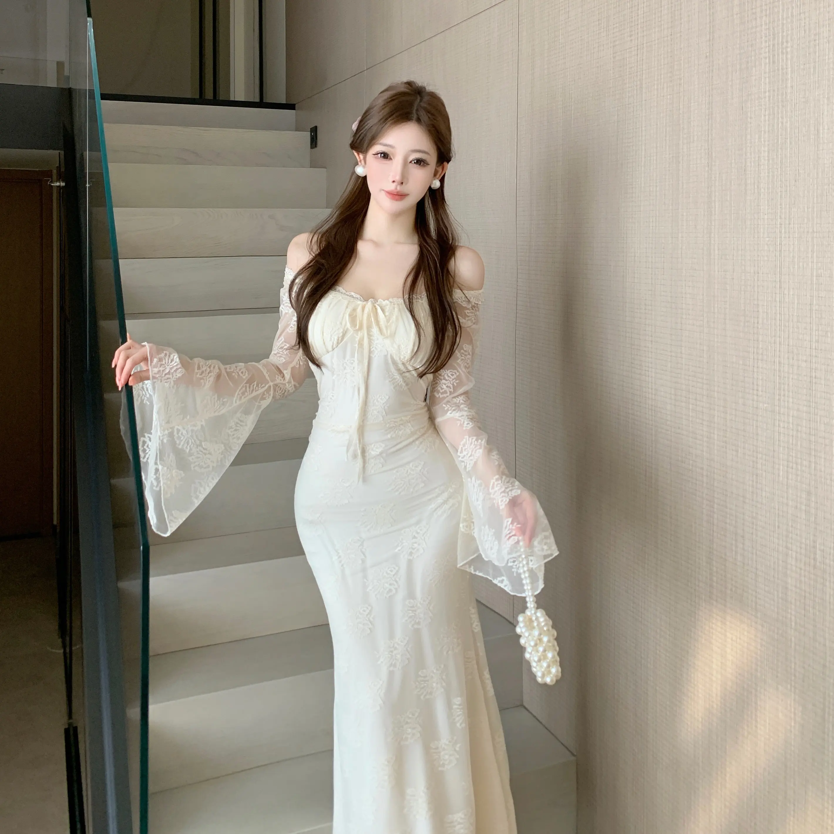 Ele White Lace Bell Sve Dr Ladylike Autumn Winter High Faion Sensation Super Fairy T Long Dr للنساء #3