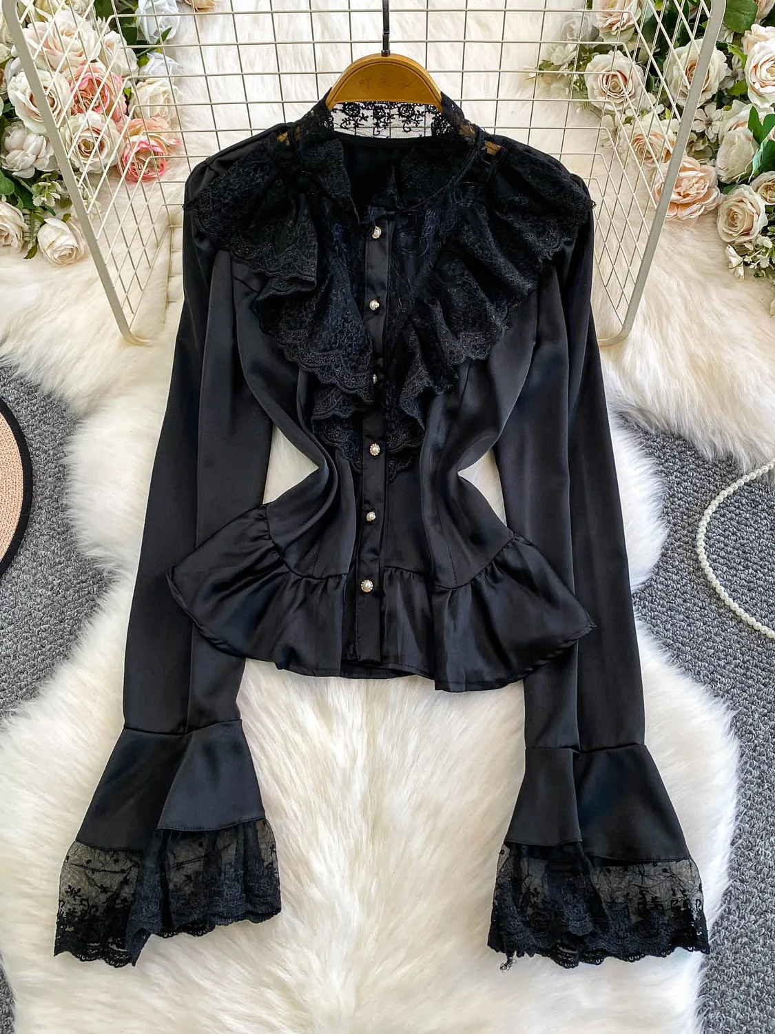 

Сексуальная кружевная отделка Bell Sve irt, женский облегающий базовый слой, топ с жемчужными пуговицами, длинный воротник-стойка, цвет