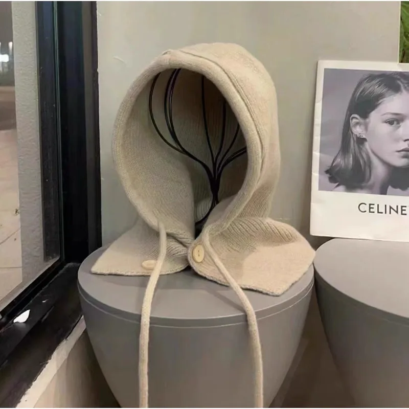 Winter Warm Knit Balaclava for Women Outdoor Button Drawstring Hooded Scarf Integrated Neck Warmer Casual Pullover Hat Beanie
