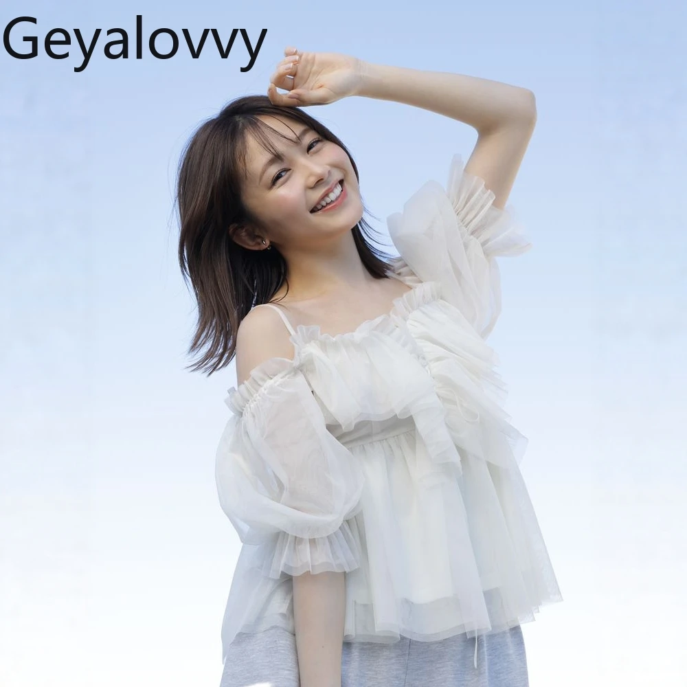 

Japanese Style Casual Shirts Femme Three-Dimensional Ruffle Edge Off-Shoulder Blouse Lantern Sleeve Sweet Mesh Women's Tops